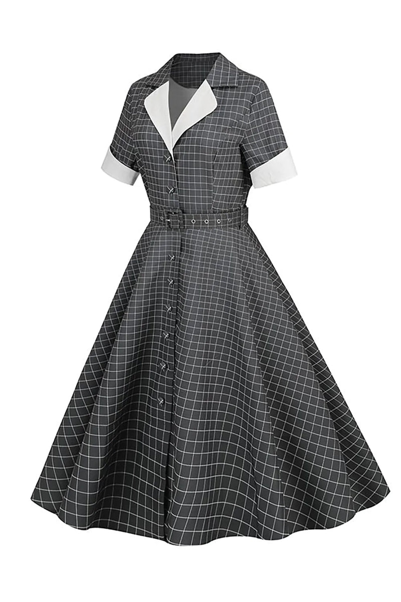 Load image into Gallery viewer, Grey Plaid Lapel Neck Vintage Dress