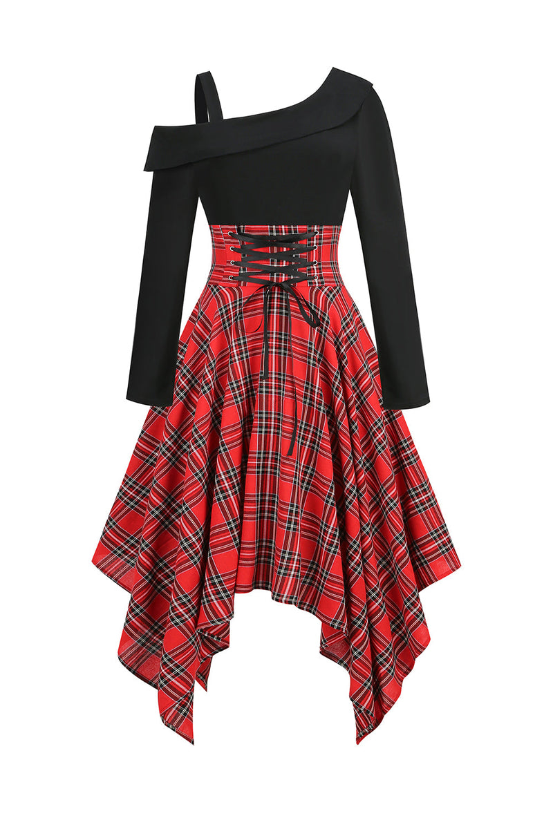 Load image into Gallery viewer, Black Red Plaid Patchwork Asymmetrical Vintage Dress
