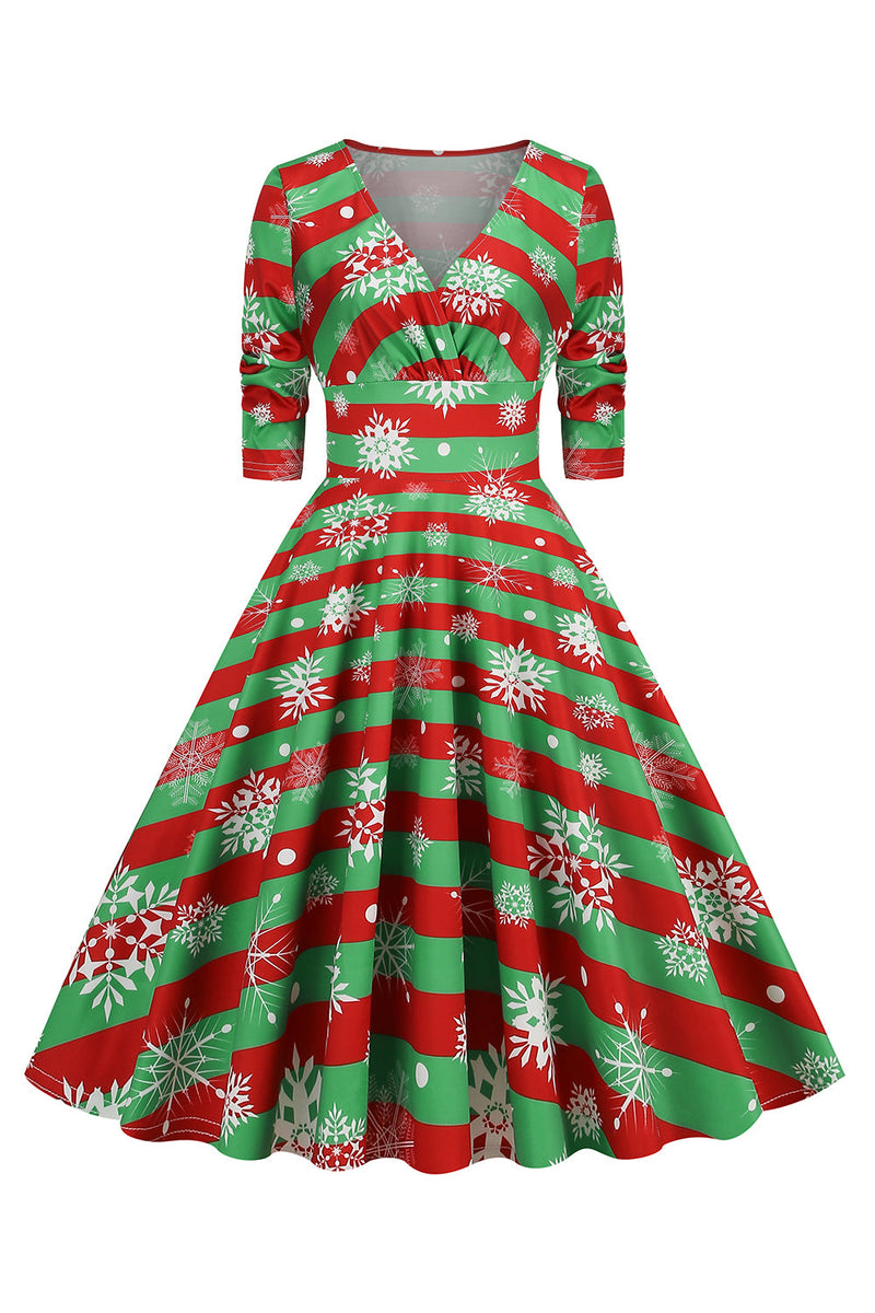Load image into Gallery viewer, Green Christmas V-Neck Vintage Dress