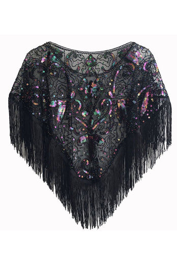 Sequined Black Golden 1920s Cape With Fringes