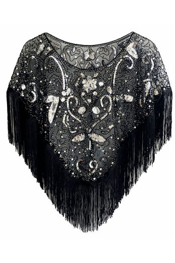Sequined Black Golden 1920s Cape With Fringes