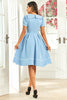 Load image into Gallery viewer, Jewel Neck Blue Vintage Dress with Short Sleeves