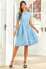 Load image into Gallery viewer, Jewel Neck Blue Vintage Dress with Short Sleeves