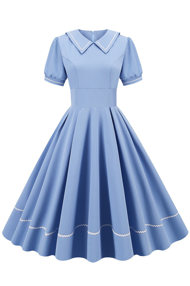 Load image into Gallery viewer, Retro Style Blue 1950s Dress with Short Sleeves