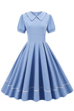 Retro Style Blue 1950s Dress with Short Sleeves