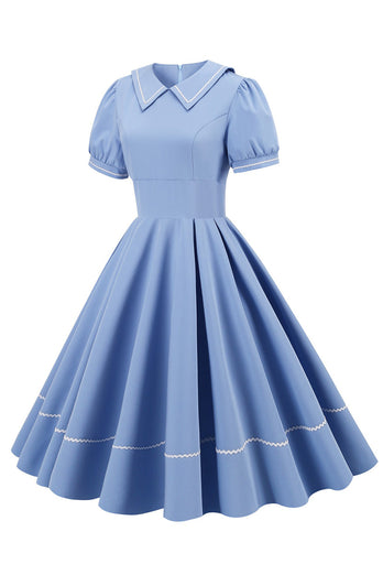 Retro Style Blue 1950s Dress with Short Sleeves