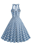 Hepburn Style Polka Dots Blue 1950s Dress