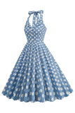 Hepburn Style Polka Dots Blue 1950s Dress