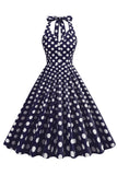 Hepburn Style Polka Dots Blue 1950s Dress