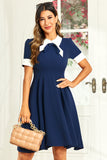 Hepburn Style Jewel Neck Navy 1950s Dress with Bowknot