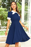 Hepburn Style Jewel Neck Navy 1950s Dress with Bowknot