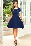 Hepburn Style Jewel Neck Navy 1950s Dress with Bowknot