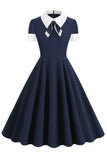 Jewel Neck Navy 1950s Dress with Bowknot