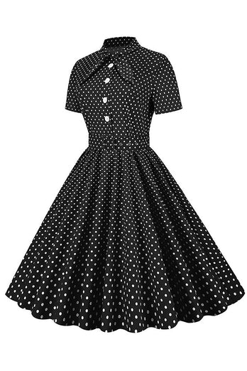 Black Polka Dots Vintage Dress With Short Sleeves
