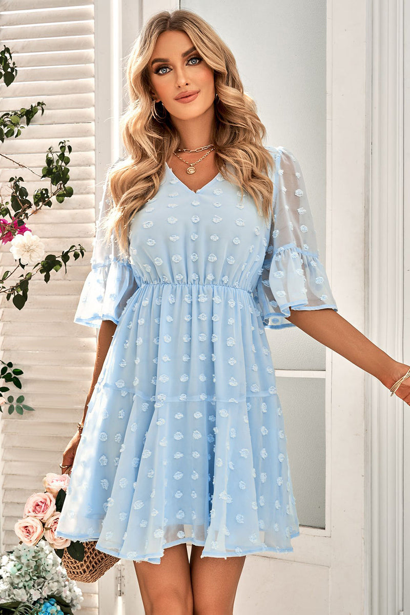 Load image into Gallery viewer, Blue V Neck Mini Summer Dress With Half Sleeves