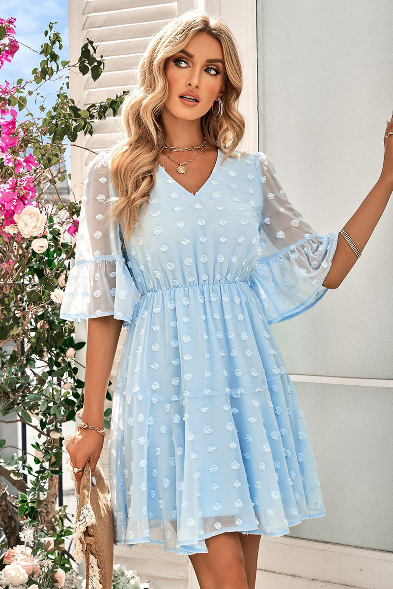 Load image into Gallery viewer, Blue V Neck Mini Summer Dress With Half Sleeves