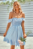 Load image into Gallery viewer, Off the Shoulder Blue Mini Summer Dress