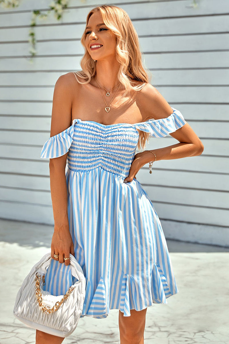 Load image into Gallery viewer, Off the Shoulder Blue Mini Summer Dress