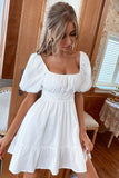 White Square Neck Mini Graduation Dress With Short Sleeves