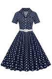 Hepburn Style V Neck Blue Polka Dots 1950s Dress