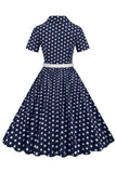 Hepburn Style V Neck Blue Polka Dots 1950s Dress