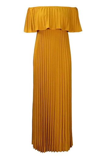 Yellow Pleated Plus Size Long Wedding Guest Dress