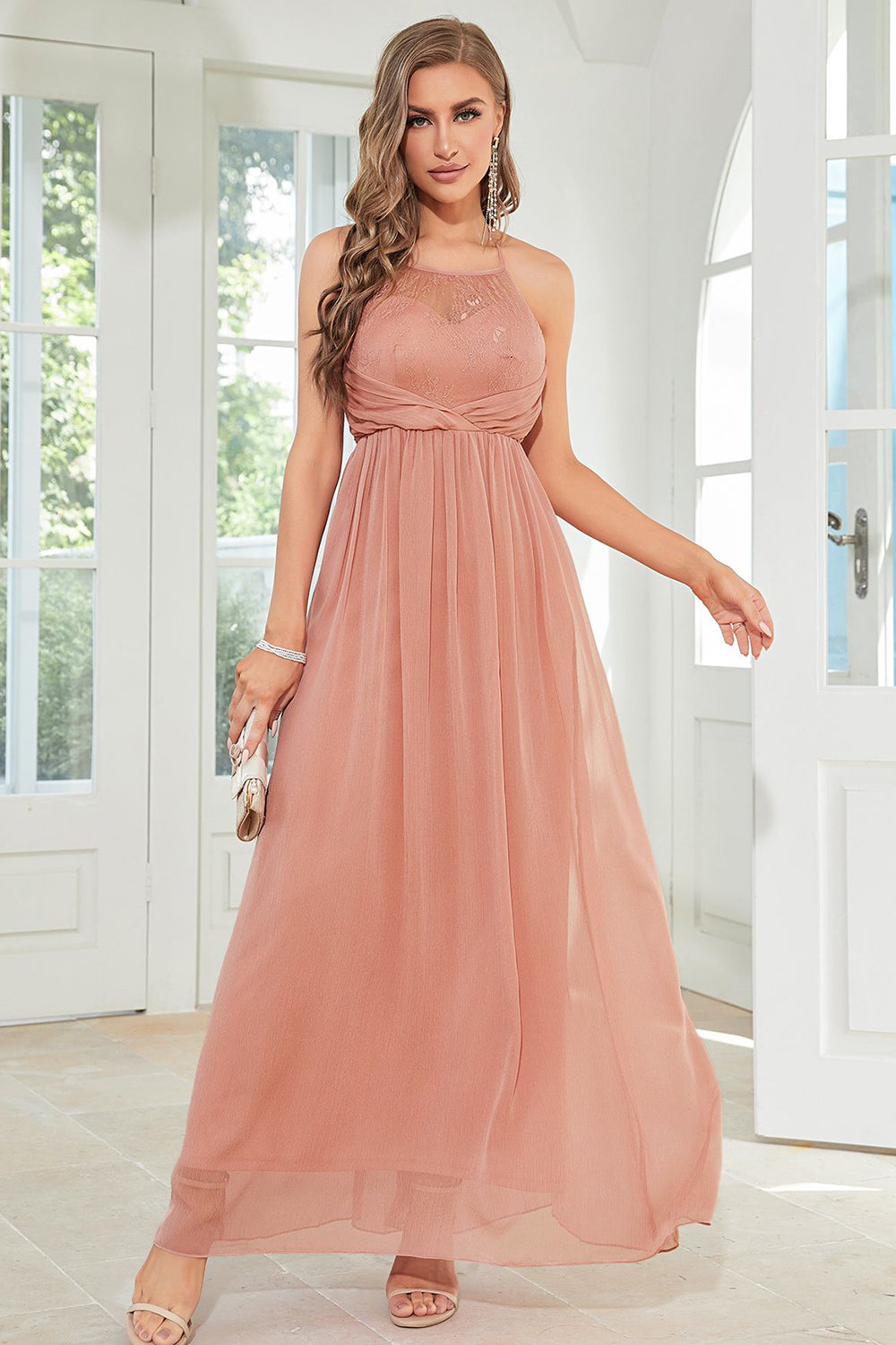 Blush Halter A Line Formal Dress