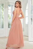 Blush Halter A Line Formal Dress