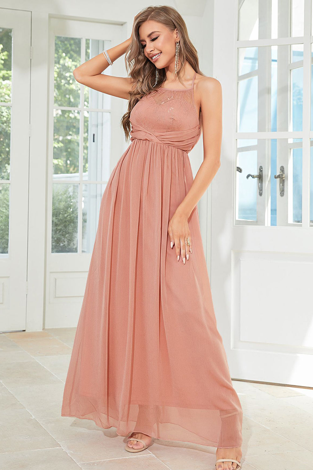Blush Halter A Line Formal Dress