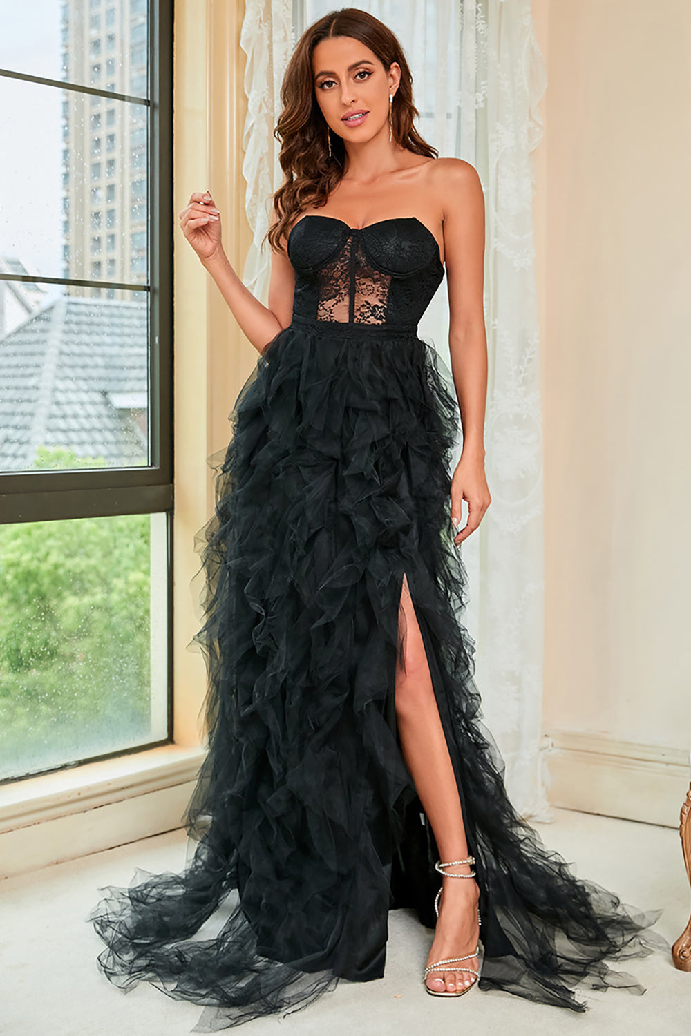 Strapless Black Corset Formal Dress with Slit