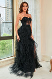 Strapless Black Corset Formal Dress with Slit