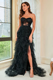 Strapless Black Corset Formal Dress with Slit