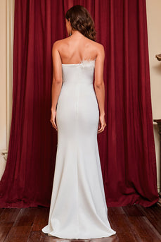 White Satin Feathers Formal Dress with Slit