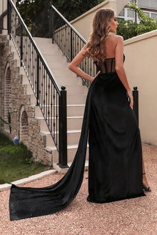 Black Strapless Corset Formal Dress with Slit