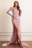 Velvet Long Sleeves Formal Dress with Slit