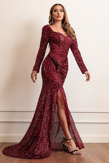 Sequins Burgundy Formal Dress with Long Sleeves