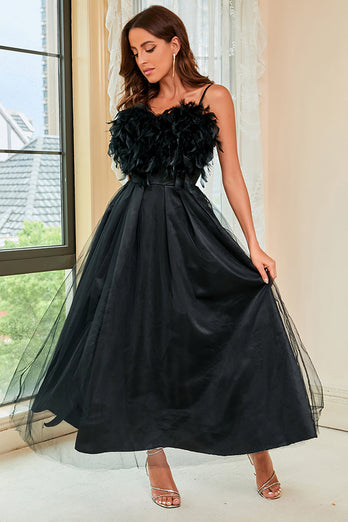 Black Spaghetti Straps Open Back Formal Dress With Feathers