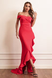 Red Sheath Off The Shoulder Formal Dress With Ruffles