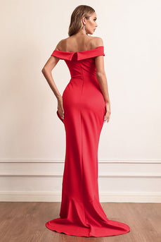 Red Sheath Off The Shoulder Formal Dress With Ruffles