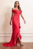 Red Sheath Off The Shoulder Formal Dress With Ruffles