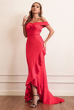 Red Sheath Off The Shoulder Formal Dress With Ruffles