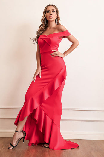 Red Sheath Off The Shoulder Formal Dress With Ruffles