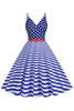 Load image into Gallery viewer, Spaghetti Straps Blue Stripe Star Vintage Dress With Belt
