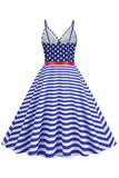 Spaghetti Straps Blue Stripe Star Vintage Dress With Belt