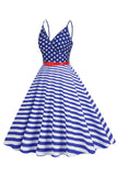 Spaghetti Straps Blue Stripe Star Vintage Dress With Belt