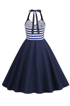 Halter Stripe Blue Swing Retro Dress With Pockets