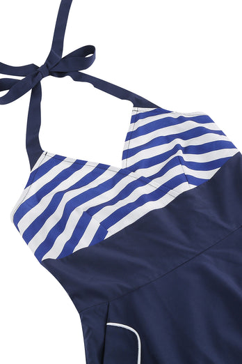 Halter Stripe Blue Swing Retro Dress With Pockets