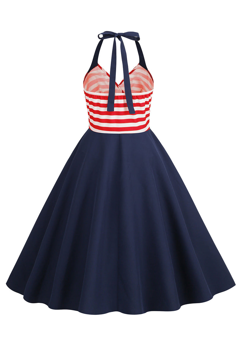 Load image into Gallery viewer, Halter Stripe Blue Swing Retro Dress With Pockets