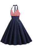 Halter Stripe Blue Swing Retro Dress With Pockets