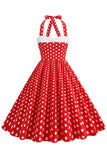 Red Halter Polka Dots 1950s Dress